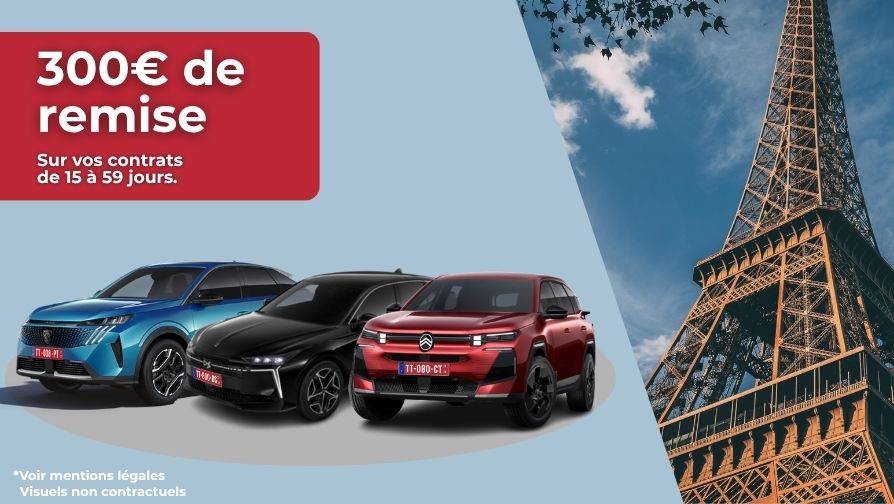 Pour une livraison du 1er janvier 2026 au 31 décembre 2026, bénéficiez de 300€ sur vos contrats de 15 à 59 jours
